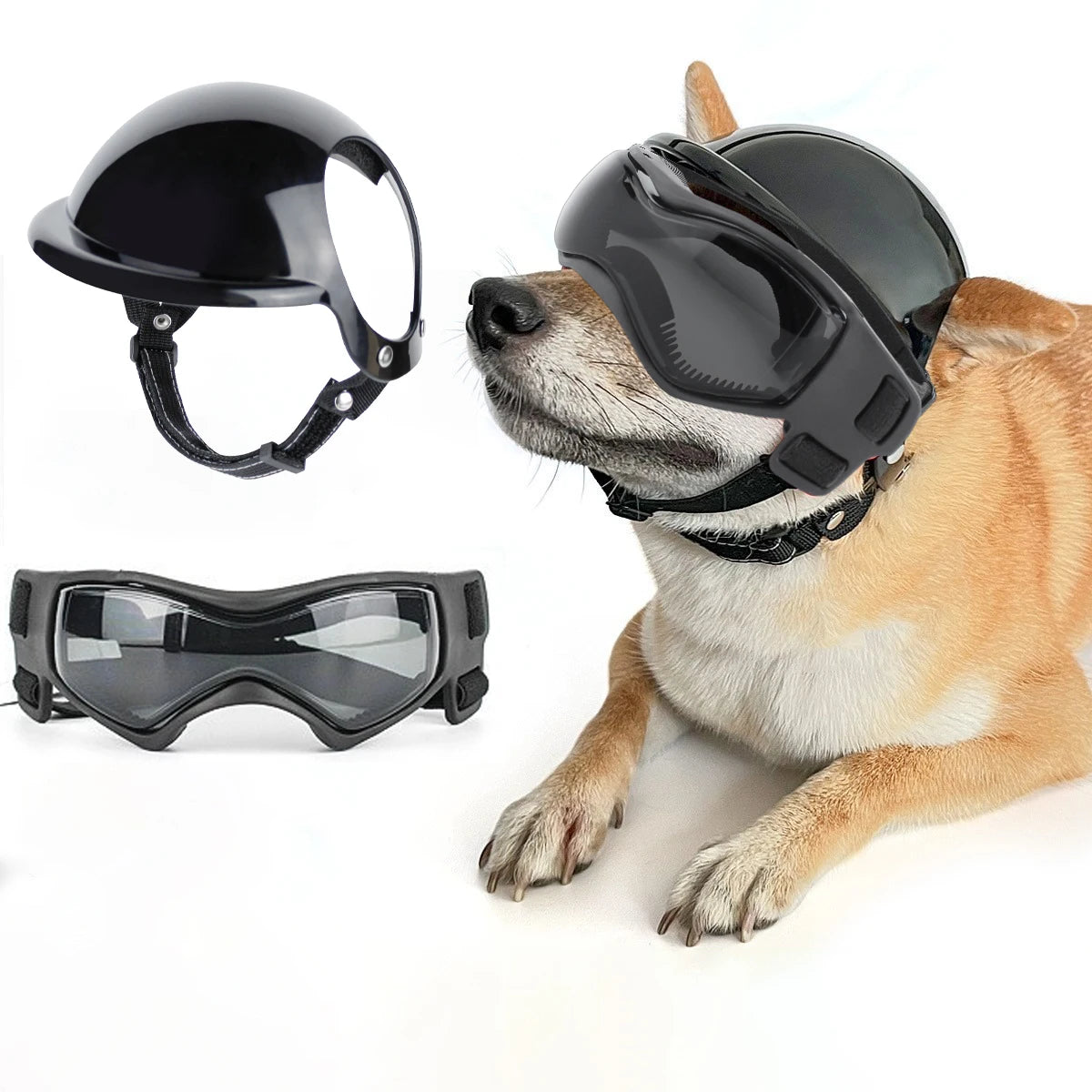 Protective Dog Helmet Goggles Set for Biking, Outdoor Safety Gear - ABS Impact Resistant & Windproof PC Lens