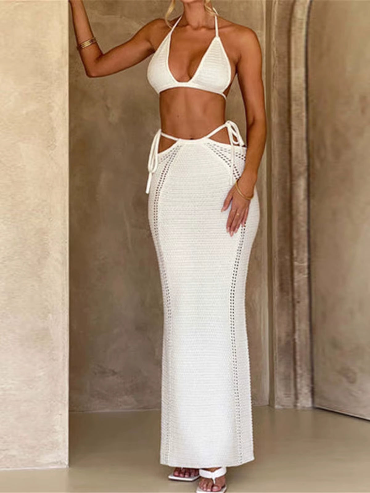 2PCS New Sexy with Top Halter Crochet Knitted Tunic Beach Cover up Cover-Ups Beach Dress Beach Wear Beachwear Female Women K4885