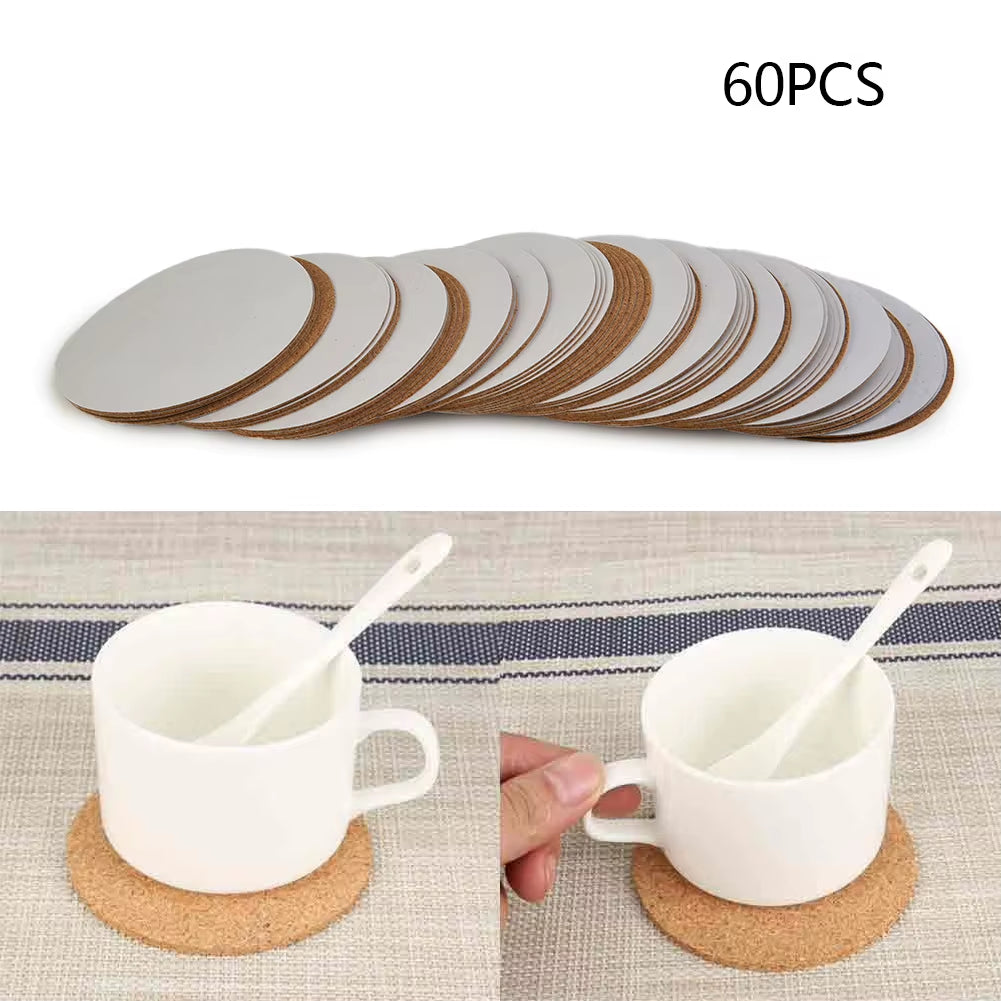 60 Pcs Self Sticker Cork Coasters Cork Mats Cork Backing Sheets 10Cm/3.94 Inches for Coasters Kitchen DIY Desktop Decoration