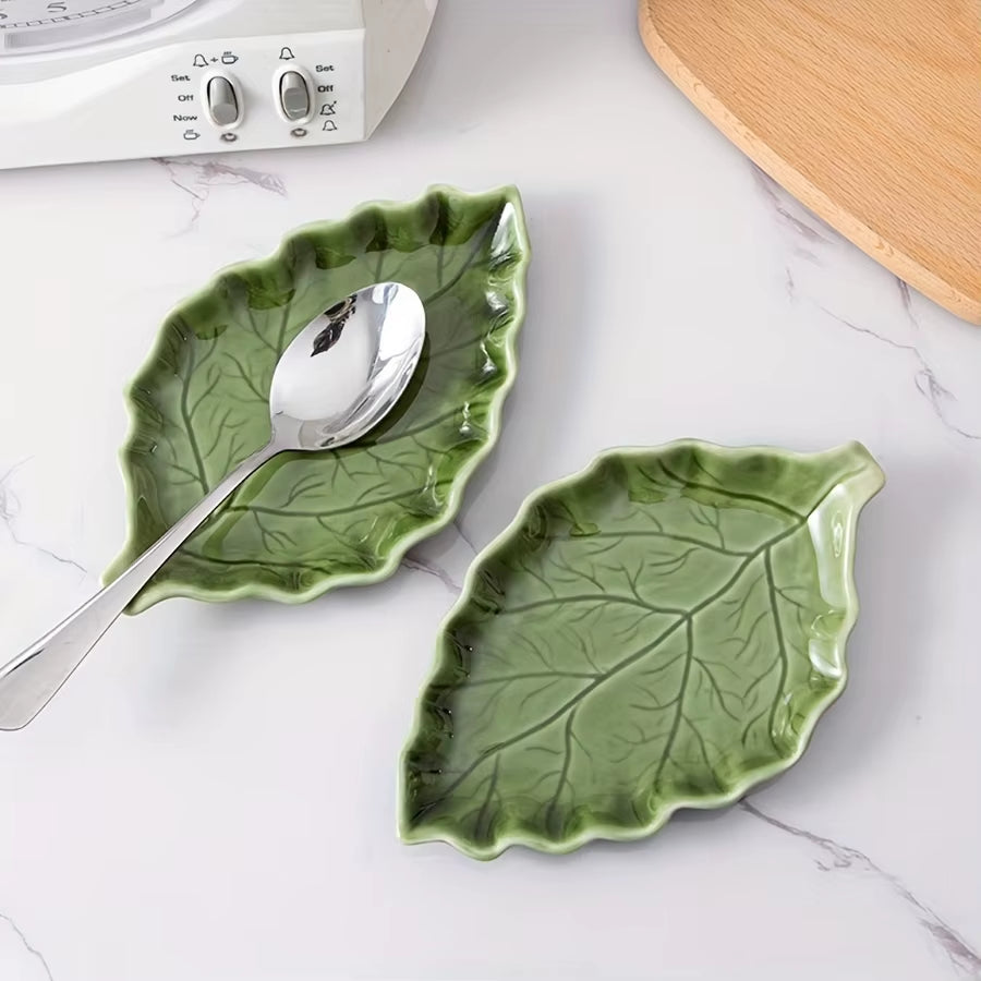 1/2Pcs Cute Green Leaf Spoon Holder for Stove Top Ceramic Cooking Kitchen Utensil Rack Scissors Holder Kitchen Decor Accessories