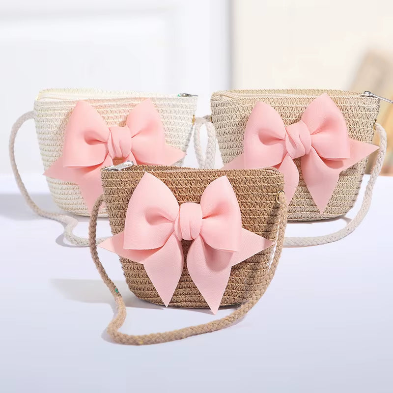 Sweet Bow Kids Shoulder Bag Handmade Woven Summer Handbag Straw Basket Boy Girl Baby Coin Purse Wallet Children Messenger Bags