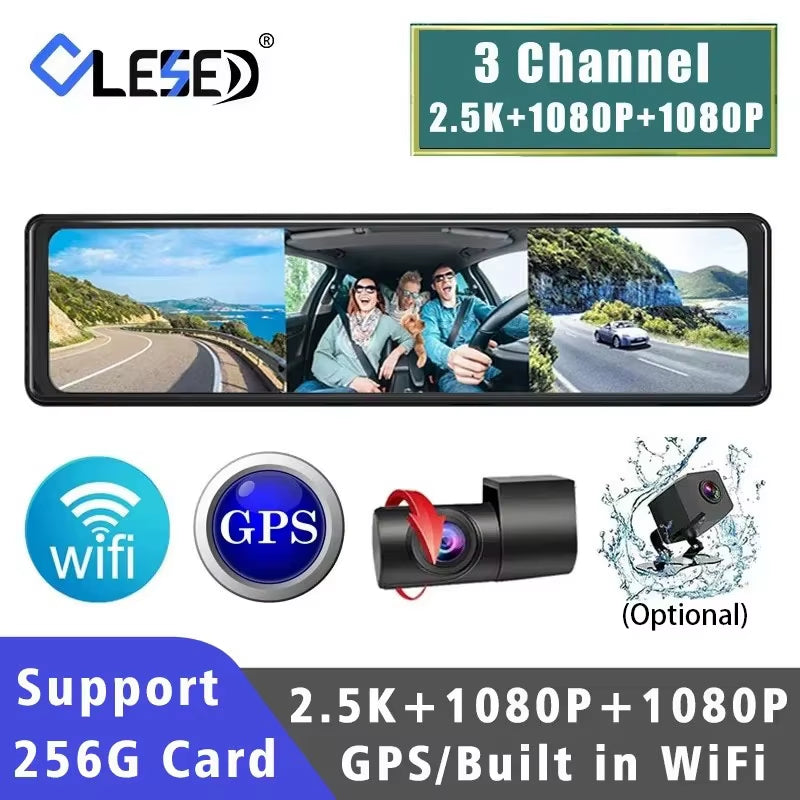 11.26“ 2.5K+1080P+1080P 3 Channel Car DVR Lens Wifi GPS Dash Cam Interior Camera Dashcam Stream Rearview Mirror Drive Recorder