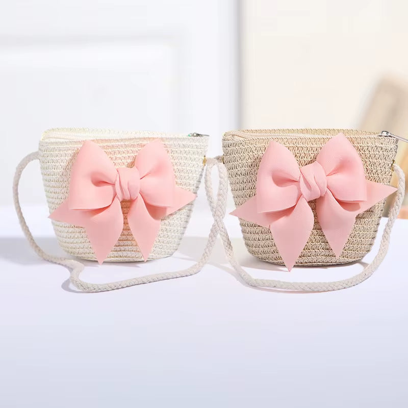 Sweet Bow Kids Shoulder Bag Handmade Woven Summer Handbag Straw Basket Boy Girl Baby Coin Purse Wallet Children Messenger Bags