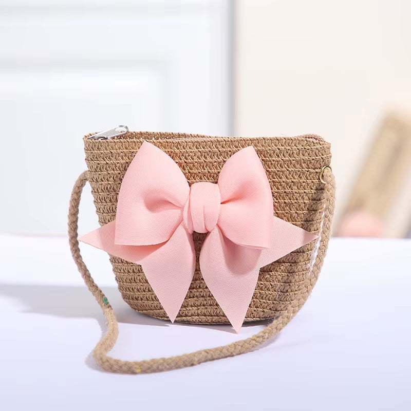 Sweet Bow Kids Shoulder Bag Handmade Woven Summer Handbag Straw Basket Boy Girl Baby Coin Purse Wallet Children Messenger Bags