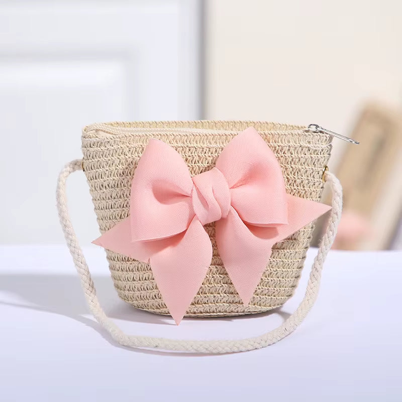 Sweet Bow Kids Shoulder Bag Handmade Woven Summer Handbag Straw Basket Boy Girl Baby Coin Purse Wallet Children Messenger Bags