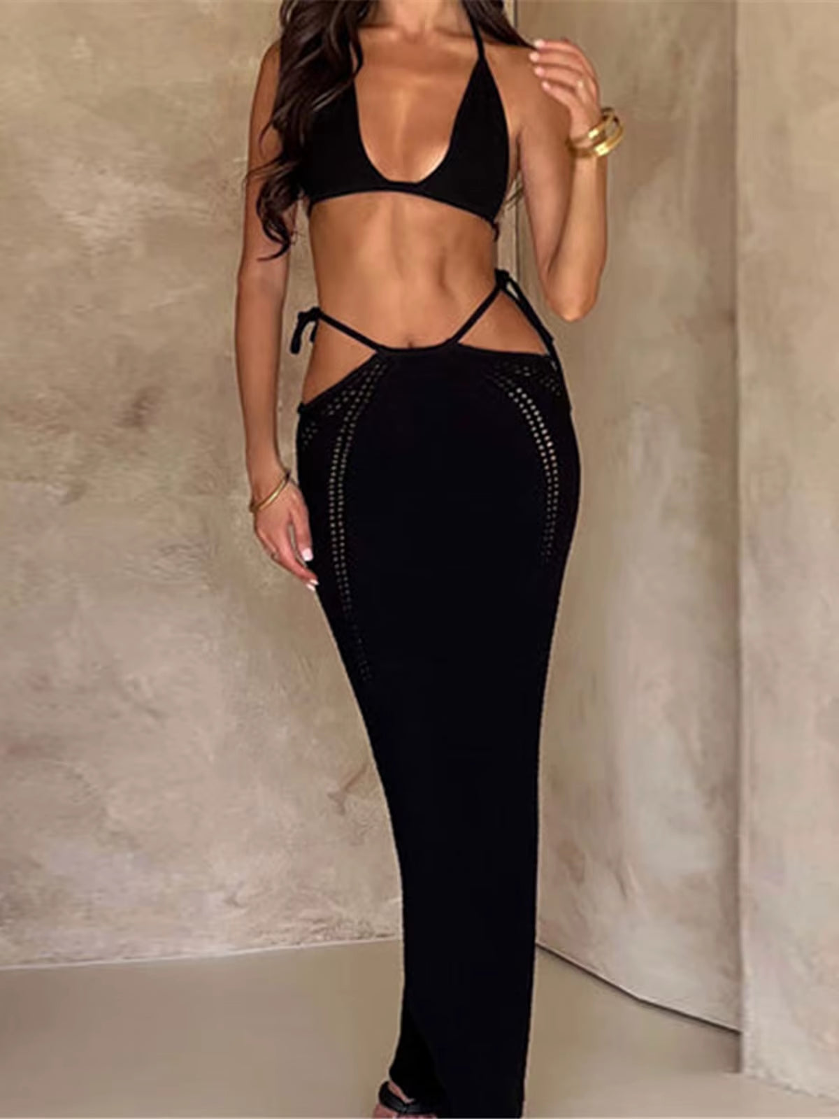2PCS New Sexy with Top Halter Crochet Knitted Tunic Beach Cover up Cover-Ups Beach Dress Beach Wear Beachwear Female Women K4885