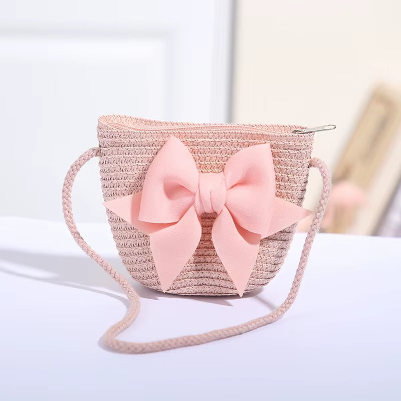 Sweet Bow Kids Shoulder Bag Handmade Woven Summer Handbag Straw Basket Boy Girl Baby Coin Purse Wallet Children Messenger Bags