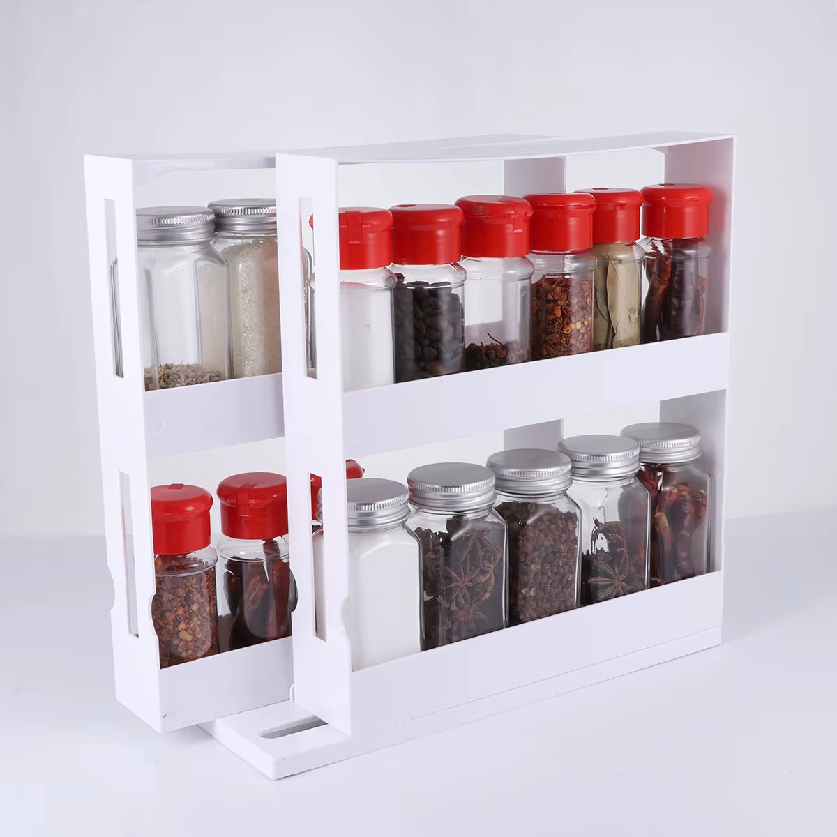 2 Layer Storage Kitchen Rotating Organize Spices Jar Bottle Storage Rack Kitchen Bottle Storage Organizer Shelves Slide Cabinet