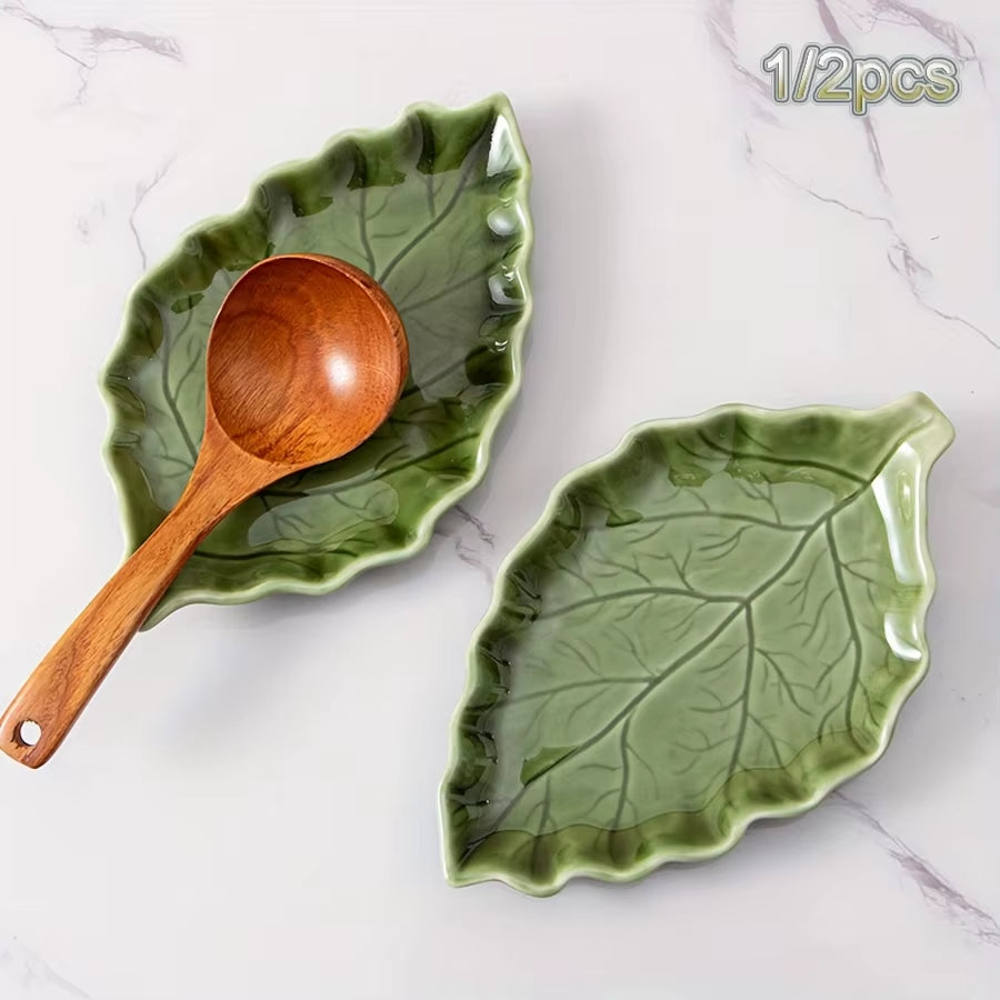 1/2Pcs Cute Green Leaf Spoon Holder for Stove Top Ceramic Cooking Kitchen Utensil Rack Scissors Holder Kitchen Decor Accessories