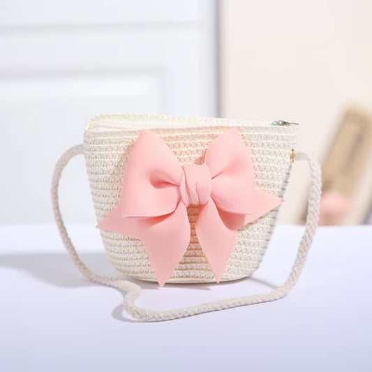 Sweet Bow Kids Shoulder Bag Handmade Woven Summer Handbag Straw Basket Boy Girl Baby Coin Purse Wallet Children Messenger Bags