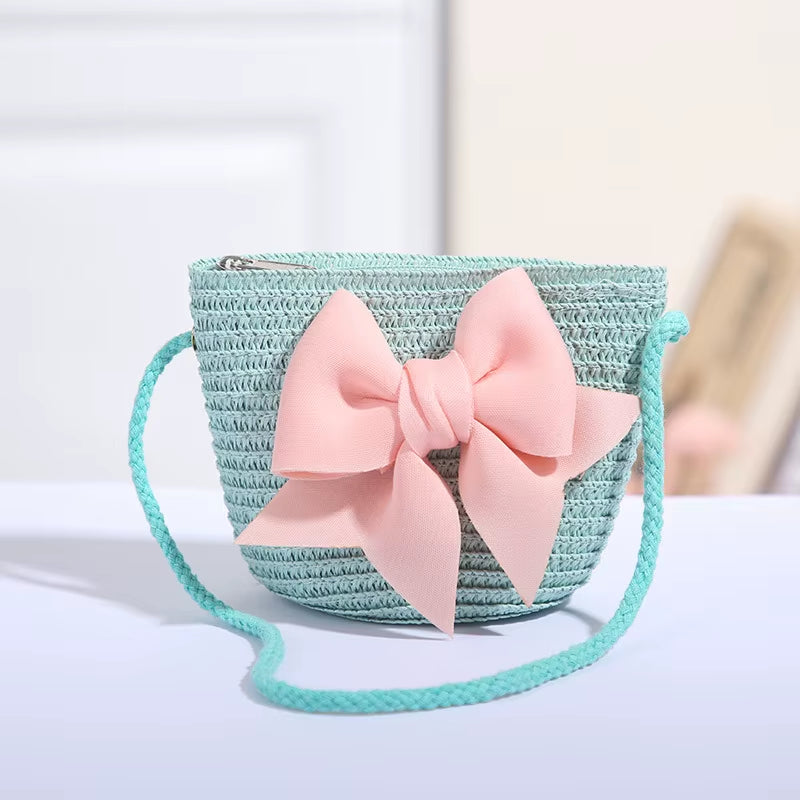 Sweet Bow Kids Shoulder Bag Handmade Woven Summer Handbag Straw Basket Boy Girl Baby Coin Purse Wallet Children Messenger Bags