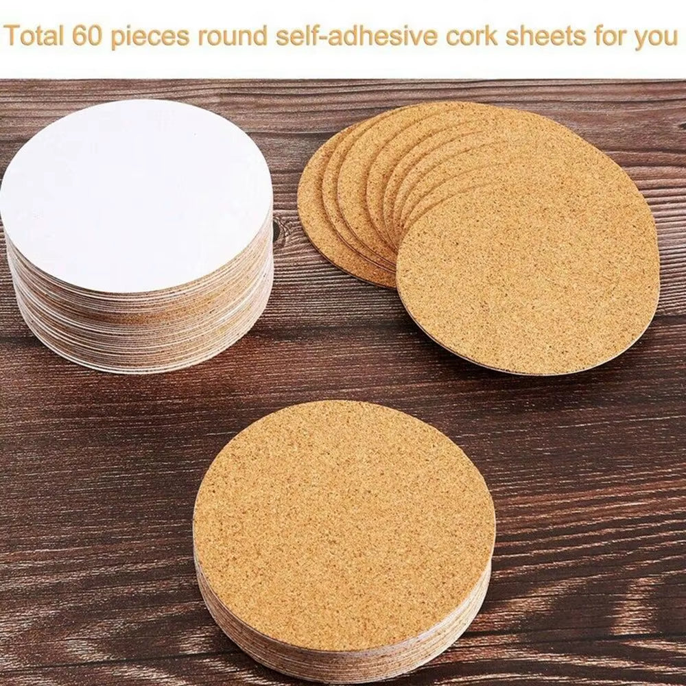 60 Pcs Self Sticker Cork Coasters Cork Mats Cork Backing Sheets 10Cm/3.94 Inches for Coasters Kitchen DIY Desktop Decoration