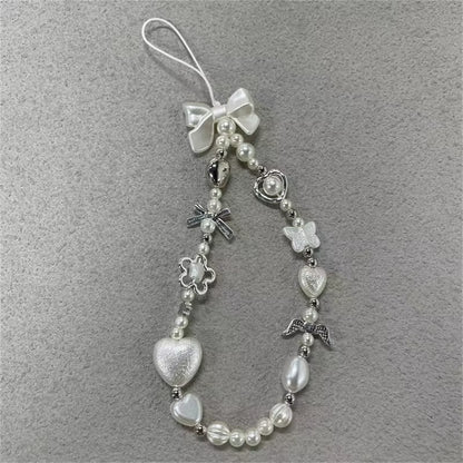 Beaded Phone Chain Charm Lanyard for Iphone Samsung, Cute Baroque White Bow, Flower Charm, Universal Accessories Jewelry Pendant