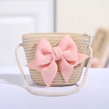 Sweet Bow Kids Shoulder Bag Handmade Woven Summer Handbag Straw Basket Boy Girl Baby Coin Purse Wallet Children Messenger Bags