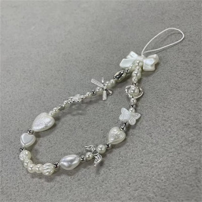 Beaded Phone Chain Charm Lanyard for Iphone Samsung, Cute Baroque White Bow, Flower Charm, Universal Accessories Jewelry Pendant